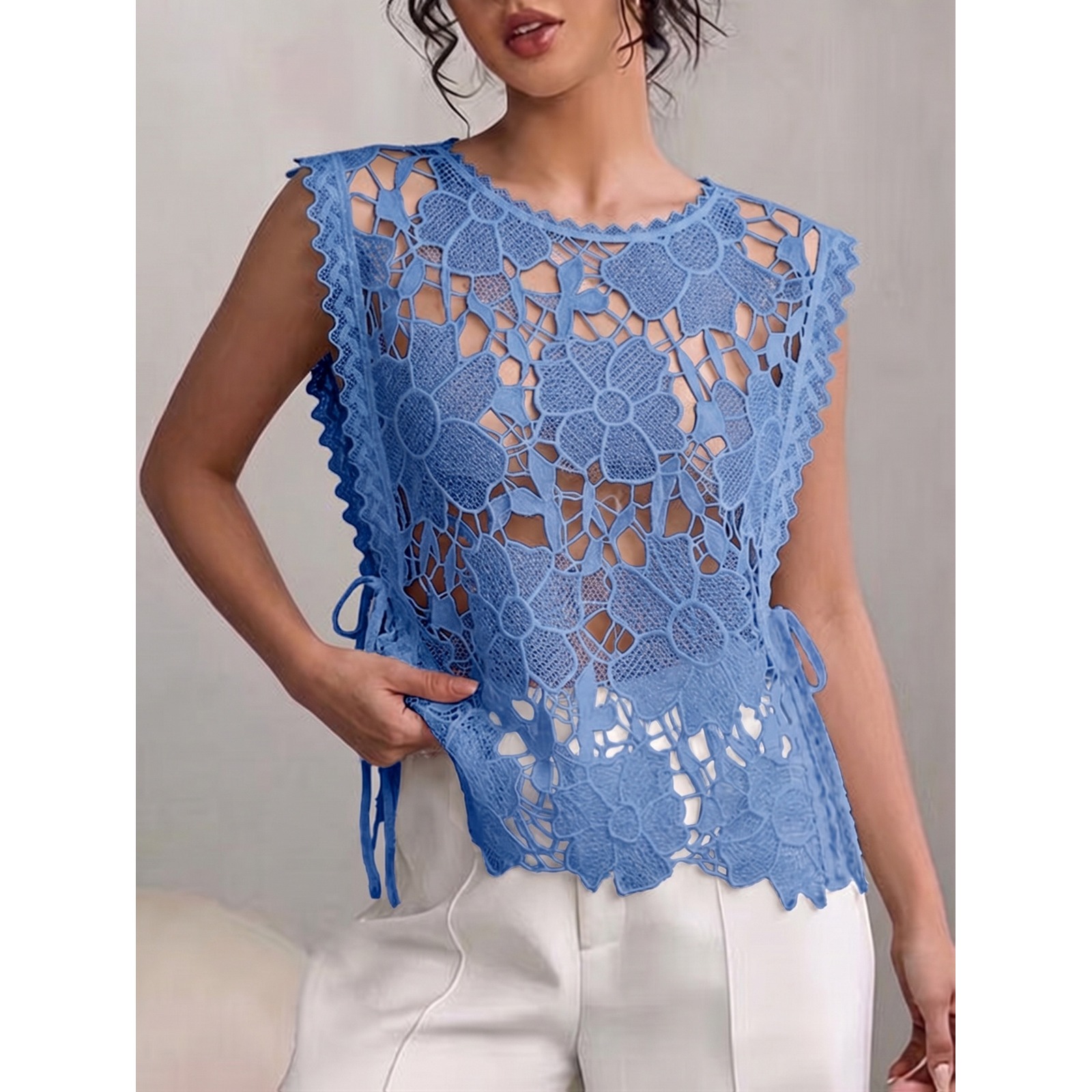 Unbranded Floral Lace Crochet Sleeveless Top Blue Side Tie Boho Tank Xl New